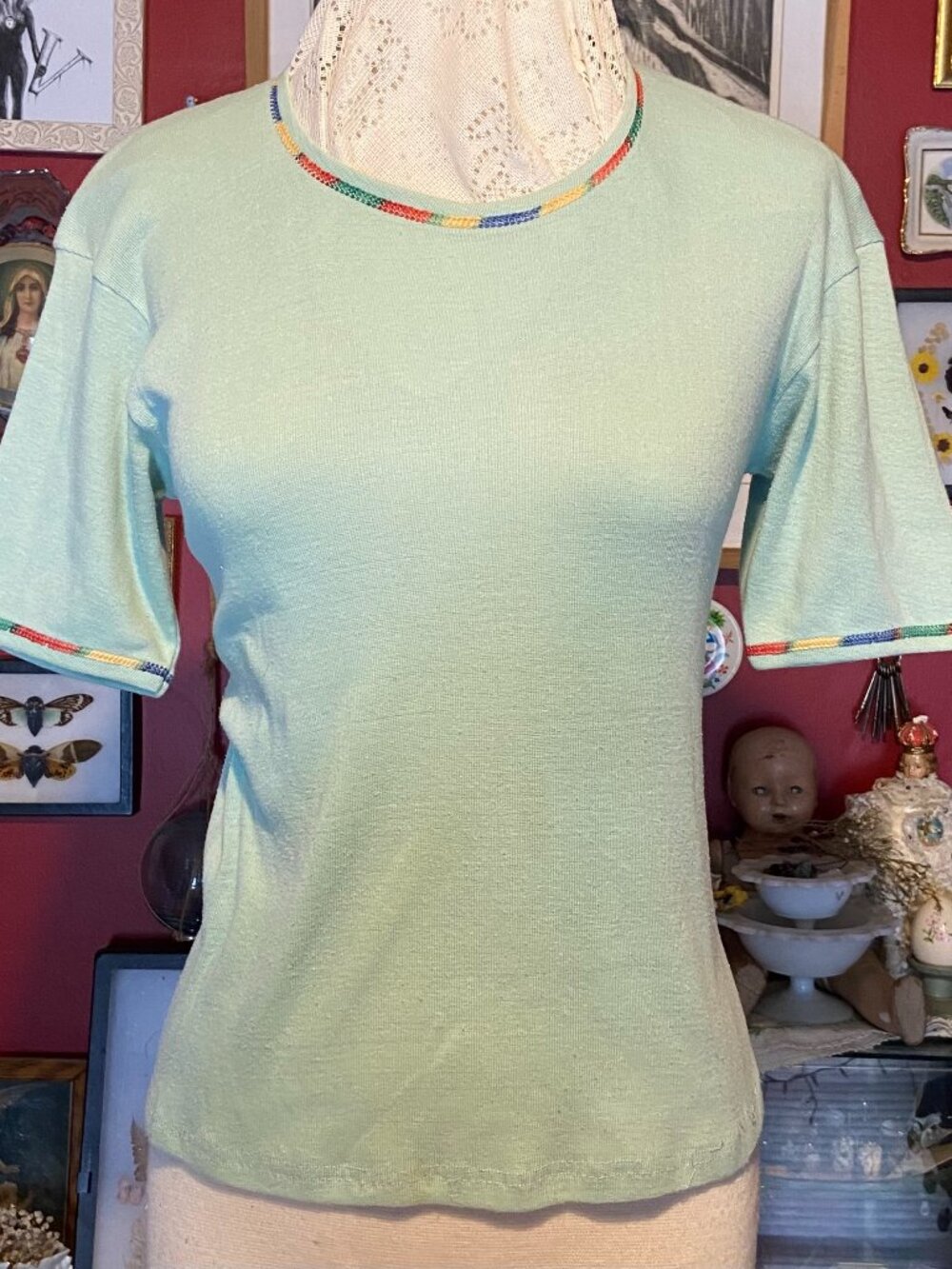 Vintage 60's to 70's Tee Rainbow Trim Celery Green